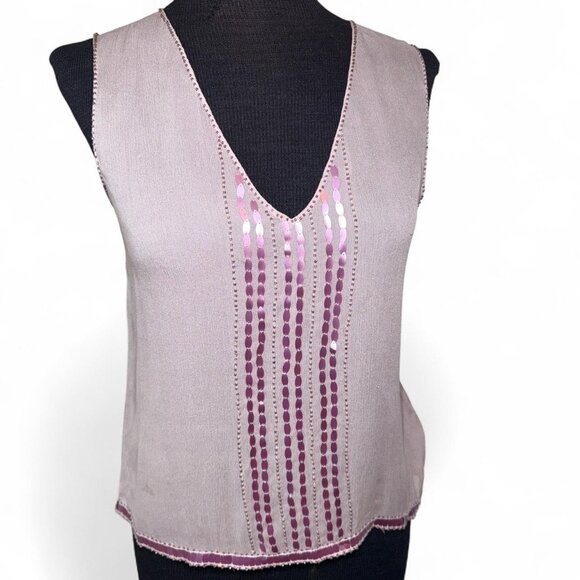 DKNY Lilac Silk Sheer Beaded V-Neck Tank Size Small - Picture 1 of 8